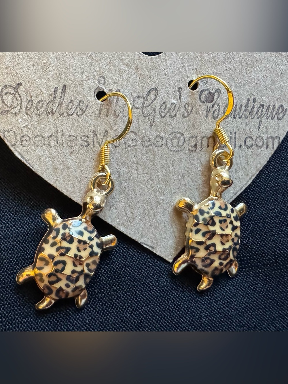 Gold Turtle Drop Earrings with Leopard Shell Print